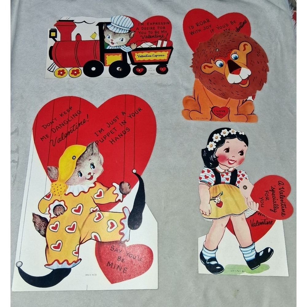 Vintage Mechanical Valentine's Cards Lot of 4 Mid-Century Movable Die Cut Unused